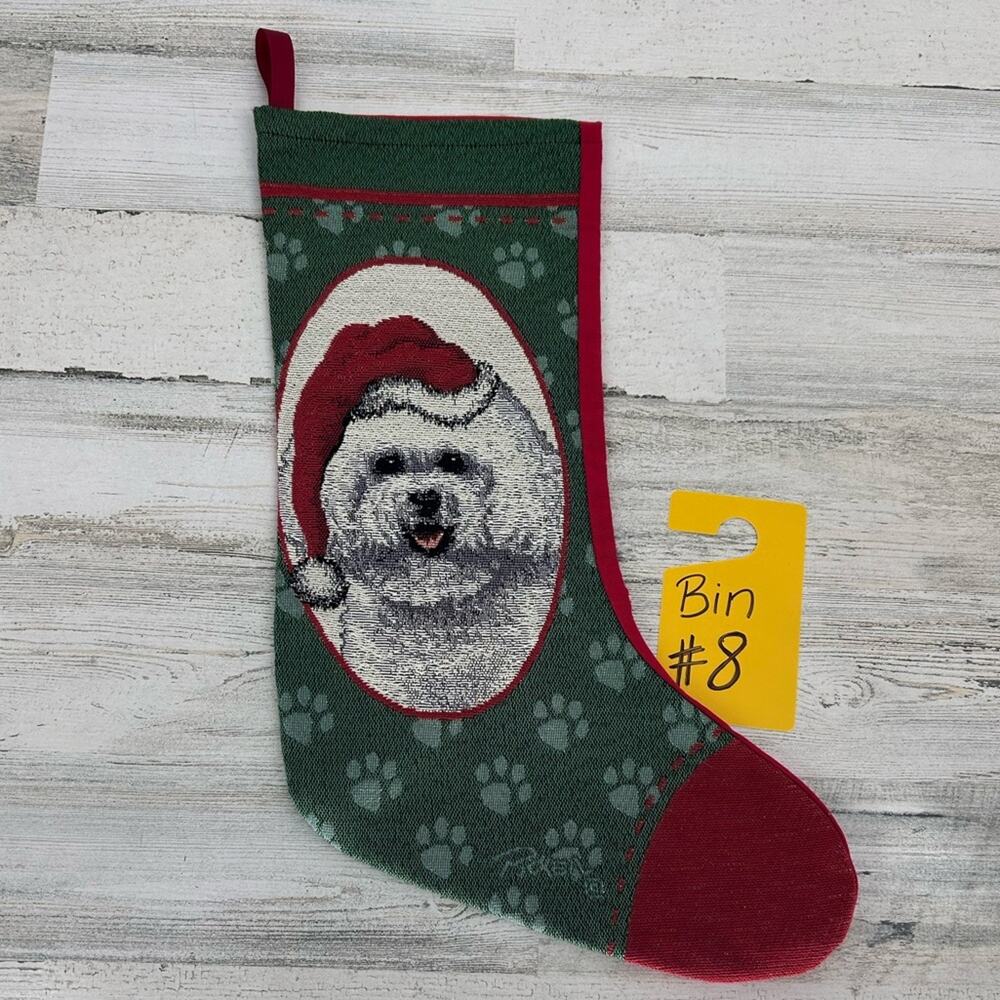 Bichon Frise Christmas Stocking Dog w Santa Hat Paw Print 19" Fireplace Decor